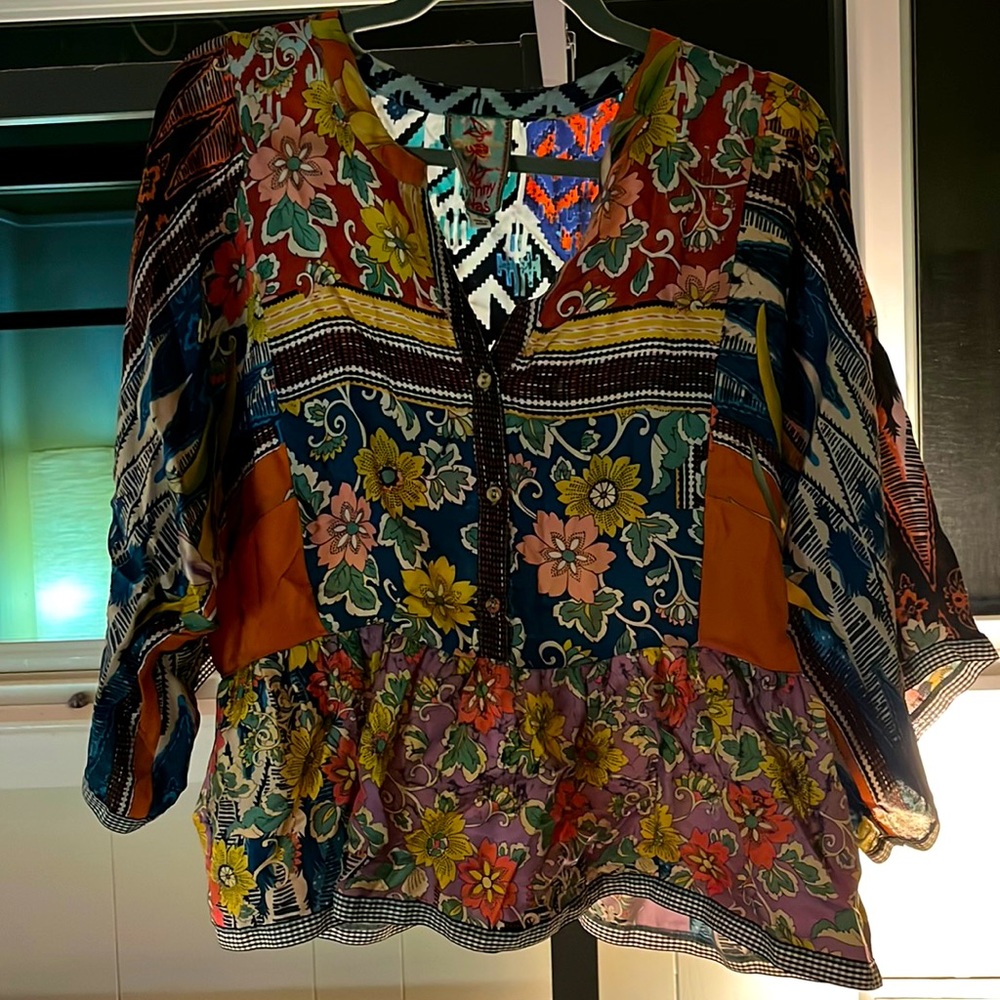 Johnny Was paisley patchwork bell sleeve buttons